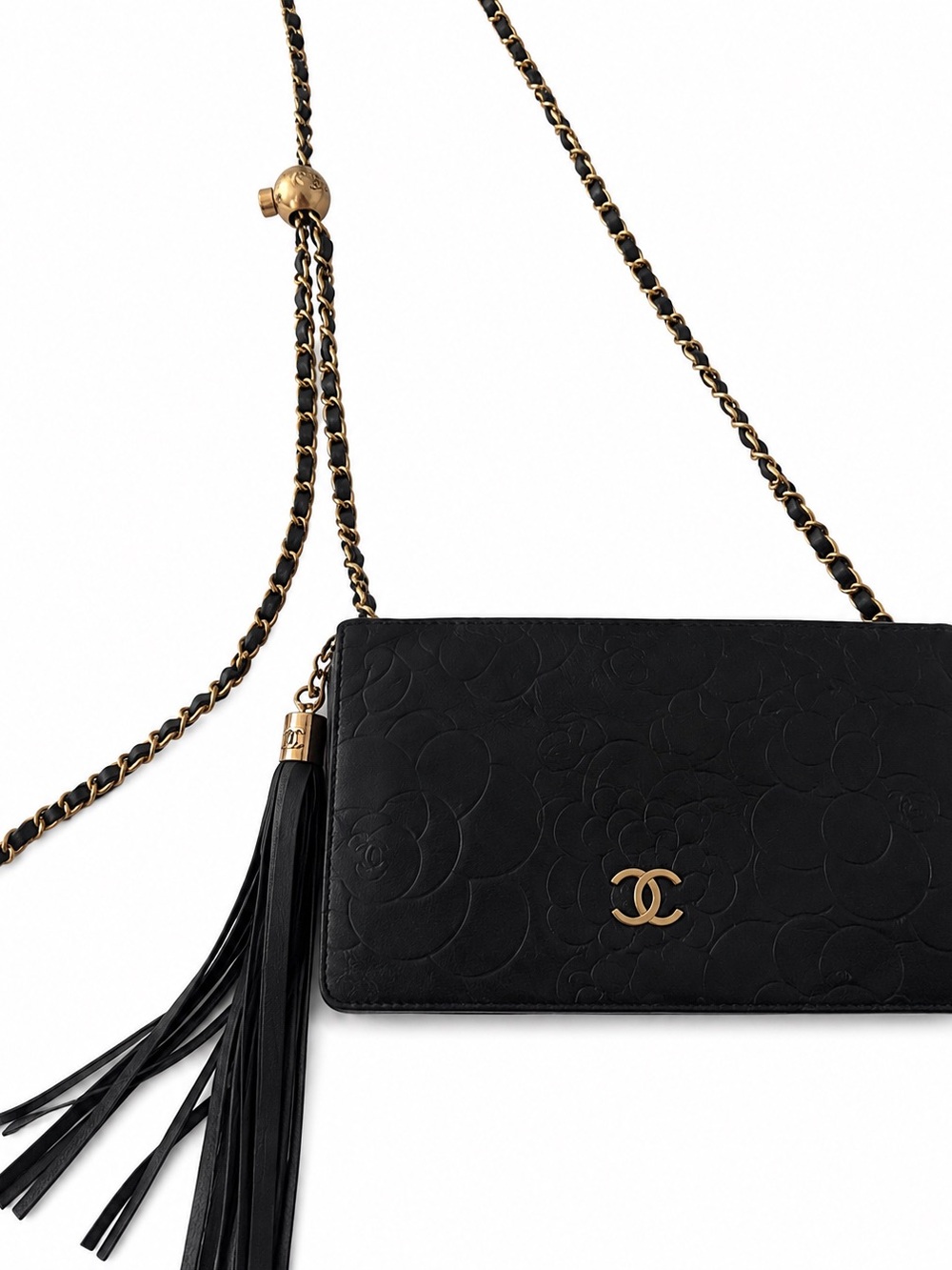 CHANEL Black Quilted Camellia Leather Crossbody with Gold Hardware & Tassel